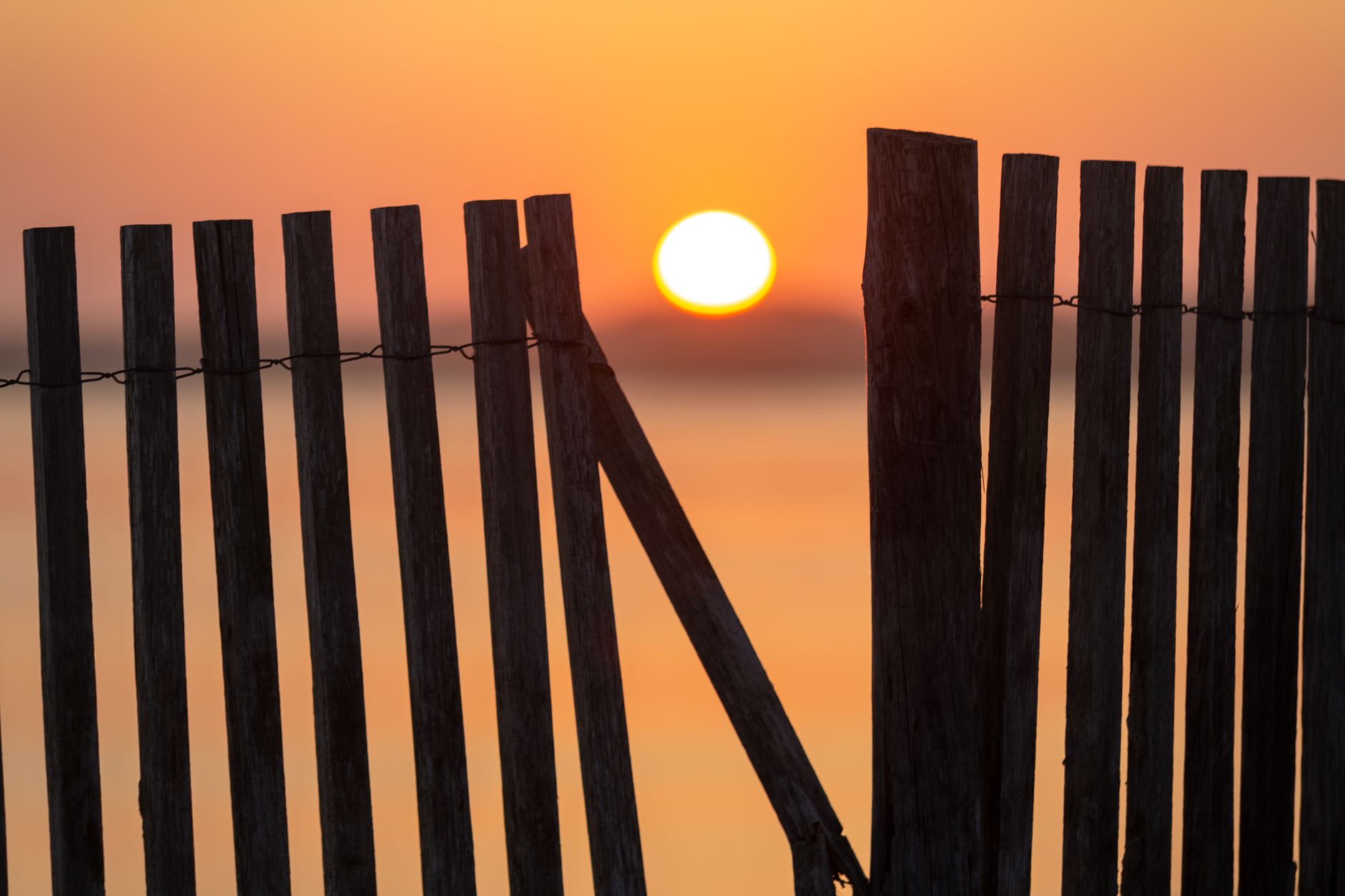 A serene sunset viewed through a rustic wooden fence in Aveiro, Portugal, showcasing warm tones in Edmond, OK